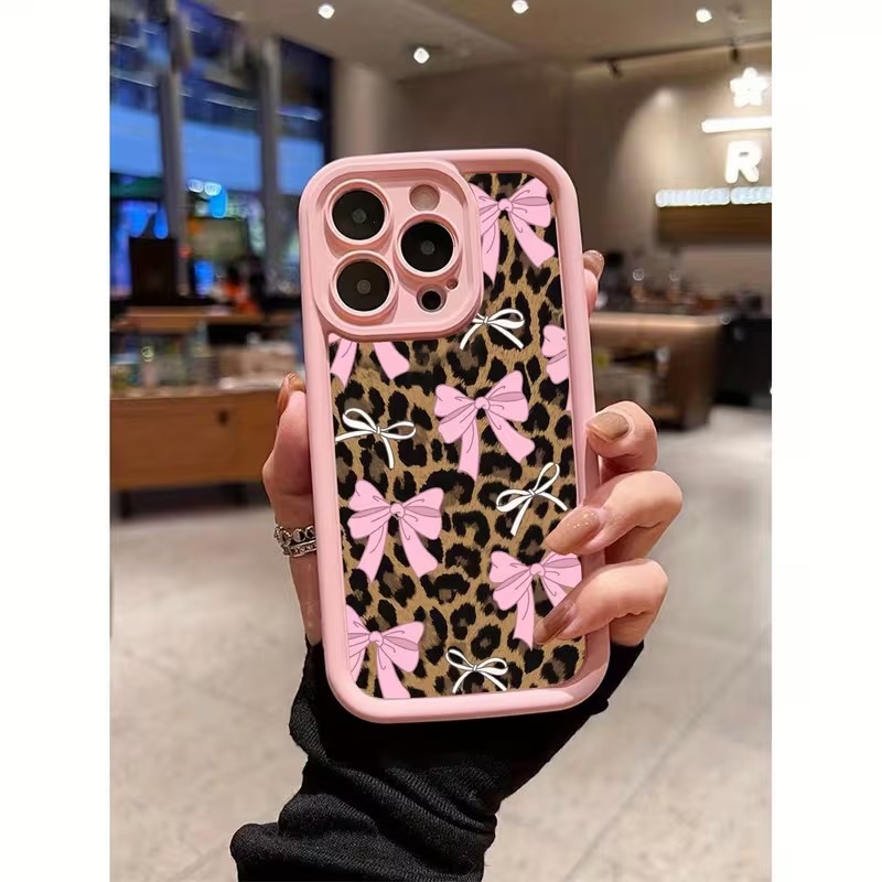 Apple Iphone 15 - غطاء هاتف بنقشة الفهد مع فيونكة
